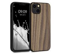 kwmobile Wood Case for Apple iPhone 13 Case Wooden - With Shockproof TPU Bumper - Hard Cover in Dark Brown