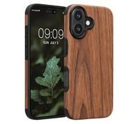 kwmobile Wood Optics Case Compatible with Apple iPhone 16 - TPU Protective Cover in Two-Tone Wood Design - Woodgrain Brown