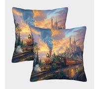KWPGMDRY 2 Pack 3D Train Theme Square Cushion Cover Decoration Castle Pillow Cover Suitable for Home Sofa Bedroom Living Room 50x50cm