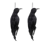 KWQBHW 2 Pcs Realistic Hanging Dead Crow Black Feathered Crow Fake Crow Decoy 32cm Large Ravens for Halloween Party Bar Decoration Haunted House Scary Prop