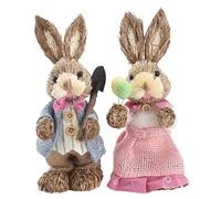 KWQBHW Set of 2 Easter Straw Bunny Figurines Easter Standing Bunny Couple Tabletop Straw Rabbits Statue for Spring Home Table Office Kitchen Farmhouse Decor(#1)