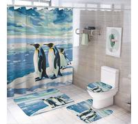 KWQDOZF 4Pcs Cute Penguin Shower Curtain Sets Bathroom Decor, Iceberg Ocean Animal Ice Sea Shower Curtain with Non Slip Rug, Toilet Lid Cover, Bath Mat and 12 Hooks 72W x 72L