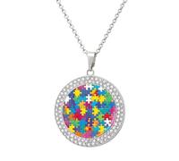 KWQDOZF Autism Puzzle Awareness Pendant Necklace for Women Fashion Round Gold Sliver Chain Diamond Bezel Jewelry