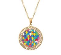 KWQDOZF Autism Puzzle Awareness Pendant Necklace for Women Fashion Round Gold Sliver Chain Diamond Bezel Jewelry