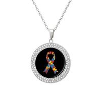 KWQDOZF Autism Ribbon Awareness Pendant Necklace for Women Fashion Round Gold Sliver Chain Diamond Bezel Jewelry