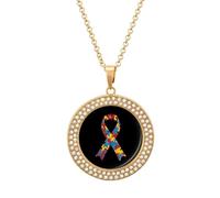 KWQDOZF Autism Ribbon Awareness Pendant Necklace for Women Fashion Round Gold Sliver Chain Diamond Bezel Jewelry