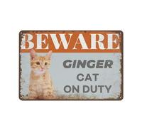 KWQDOZF Beware Ginger Cat On Duty Iron Poster Painting Tin Sign Vintage Wall Decor for Home Office Kitchen Bar Cafe Garden Farm Farmhouse Wall Decor 12x8 Inch