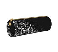 KWQDOZF Black White Glitter Round Pencil Case Leather Pencil Bag Pen Pouch Makeup Bag for Women Men School Office and Travel