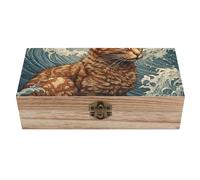 KWQDOZF Cat in The Waves Wooden Storage Box, Vintage-Style Memory Box with Hinged Lock, Decorative Keepsake Organizer for Photos, Jewelry, Crafts, Treasures & Home Decor