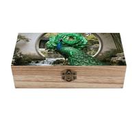 KWQDOZF Emerald Peacock Bloom Wooden Storage Box, Wooden Box with Hinged Lid, Vintage Rustic Keepsake Chest Wood Jewelry Boxes for Jewelry, Photos, Memorabilia, Home Decor And Craft Organization