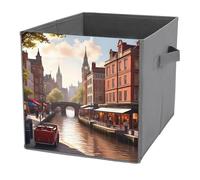 KWQDOZF Foldable Storage Cubes with Handles Clock Tower Canal Scene Pattern Cube Bins for Organizing Clothes, Books - Storage Baskets for Shelves, Closets