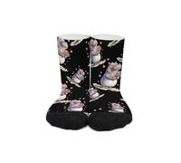 KWQDOZF Hippopotamus Flowers Love Heart Unisex Cozy Tube Socks Mid Calf Color Matching Sock Casual Knee High Stockings