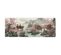 KWQDOZF Japanese Cherry Blossom Watercolor Gaming Mouse Pad Non-Slip Rubber Base Large Mousepad with Stitched Edges,Waterproof Washable Mouse Mat for Desk Home Office Gaming 12x31.5in