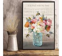 KWQDOZF Metal Vintage Flower and Bees It is Well with My Soul Song Metal Tin Sign for Home Office Kitchen Bar Cafe Garden Farm Farmhouse Wall Decor 12x8 Inch