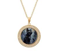 KWQDOZF Mystic Black Cat on The Dark Customized Round Necklace Picture Diamond Pendant Personalized Memory Jewelry Gift for Men Women