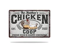 KWQDOZF Personalized Chicken Coop Printed Metal Art with Custom Name, Happy Chicken & Fresh Eggs Vintage, Look Sign Wall Decor for Farmhouse Farmffy Butt Hut, Gift for Farmer Family Friend 8x12 Inch