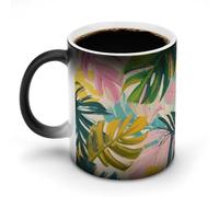KWQDOZF Pink Green Tropical Leaves Color Changing Mugs Heat Changing Ceramic Coffee Mug Novelty Tea Cup Funny Water Cup for Home Office 11OZ