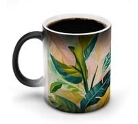 KWQDOZF Pink Green Tropical Leaves Pattern Color Changing Mugs Heat Changing Ceramic Coffee Mug Novelty Tea Cup Funny Water Cup for Home Office 11OZ