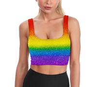 KWQDOZF Pride Rainbow Glitter Stripes Corgi Dogs Bras for Women Workout Sports Bra No Underwire Low Back Yoga Padded Bra for Running Sleeping Crop Tops