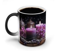 KWQDOZF Purple Flowers and Candles Printed Heat Sensitive Coffee Mugs Morphing Color Changing Coffee Mug Full Image Revealed When HOT is Added
