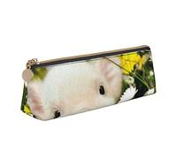 KWQDOZF Rape Flower Pig Triangle Pencil Case Leather Pencil Bag Pen Pouch Makeup Bag for Women Men School Office and Travel