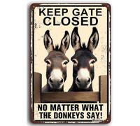 KWQDOZF Retro Metal Donkey Farm Sign Decor Aluminum Donkeys Keep Gate Closed Sign Funny Novetly Signfor Farmhouse Fence House Wall Gate 8X12 Inch