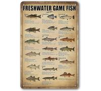 KWQDOZF Rustic Cabin Hunting Fishing Signs Lake House Decor For Home Kitchen Fish Art Wall Decor Freshwater Game Tin Sign Vintage Fish Knowledge Metal Signs Outside Gift For Women Men 8x12 Inch