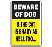 KWQDOZF Street Sign Indication Warning Sign New Novelty Gift Beware Dog & Cat is Shady Vintage Metal Tin Signs for Home Office Kitchen Bar Cafe Garden Farm Farmhouse Wall Decor 12x8 Inch