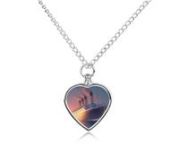 KWQDOZF Titanic Sailing Ship on The Sunset Pet Ashes Necklace Cremation Jewelry for Ashes Dog Cat Heart Pendant Memorial Keepsake