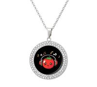 KWQDOZF Tomato with Headphones Music Notes Pendant Necklace for Women Fashion Round Gold Sliver Chain Diamond Bezel Jewelry