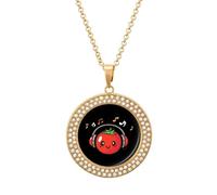 KWQDOZF Tomato with Headphones Music Notes Pendant Necklace for Women Fashion Round Gold Sliver Chain Diamond Bezel Jewelry
