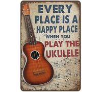 KWQDOZF Ukulele Metal Signs Funny Every Place Is A Happy Place When You Play The Ukulele Retro Decor For Home Bedroom Bar Cafe Farm Decor Plaque Funny Music Room Wall Decor 8x12 Inch