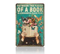KWQDOZF Vintage Reader Decor Retro Metal Tin Sign Love Reading Books Poster Between The Pages of A Book is A Wonderful Place to Be Wall Decor for Book Lovers Wall Decor 8x12 Inch