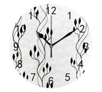 KWQDOZF Wall Clocks PVC Black White Wavy Ivy Branches Leaves Round Circle Digital Clock Silent Big Number Easy Read Battery Operated Frameless Lightweight 9.8 Inch