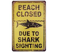 KWQDOZF Warning Beach Closed Due to Sighting Vintage Tin Signs Retro Metal Wall Poster Decorative Tin Sign 8x12 Inch