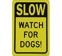 KWQDOZF Warning Sign Slow Watch Dogs! Yellow & Black Vintage Metal Tin Signs for Home Office Kitchen Bar Cafe Garden Farm Farmhouse Wall Decor 12x8 Inch