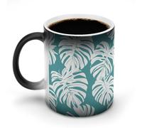 KWQDOZF White Tropical Leaves on A Teal Pattern Color Changing Mugs Heat Changing Ceramic Coffee Mug Novelty Tea Cup Funny Water Cup for Home Office 11OZ