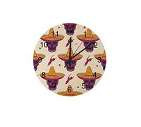 KWQDOZF Wooden Wall Round Circle Hanging Frameless Wall Mounted Clock Battery Operated Quiet Time Clock Lightweight Skulls Sombrero Chilli Bedroom Classroom Office Decor 11.8 Inch