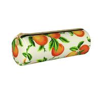 KWQDOZF Yellow Blossom and Orange Fruits Round Pencil Case Leather Pencil Bag Pen Pouch Makeup Bag for Women Men School Office and Travel