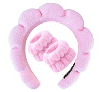 KWQINX Spa Wristband Set, Soft Skincare Headband and Wrist Band for Washing Face, Bubble Soft Women's Skin Care Headband (Pink + Wristband)
