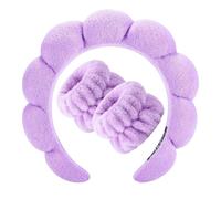 KWQINX Spa Wristband Set, Soft Skincare Headband and Wrist Band for Washing Face, Bubble Soft Women's Skin Care Headband (Purple + Wristband)