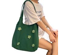 KWQKEM Japanese Style Floral Canvas Tote Bag - Small Fresh Art Shoulder Bag for Women, Lightweight Eco-Friendly Shopping Bag, Student Minimalist Travel Handheld Purse (Green)