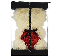 KWT Valentine's Gift,Birthday Gifts, Rose Flower Bear-Hand Made Rose Teddy Bear Hug Hear,Gifts for mom, Gifts for Girls,Unique Giftst For Lover, 10 Inches Clear Gift Box Included (Milk White)