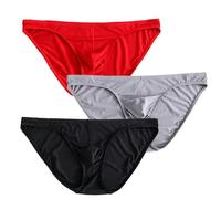 KWTF 3 Pcs Mens Underwear Briefs Nylon For Men bulge with Pouch hombre slips silk Red Boys pack lot Breathable and sexy Male Panties