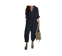 KWTF Autumn Women Retro Casual Cotton and Linen Pocket Long-sleeve Elastic Waist Jumpsuit With Belt Plus Size Solid One-piece Pants