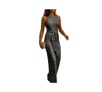 KWTF Jumpsuit Women Summer Fashion Glitter Round Neck Sleeveless Sexy Backless Sequins Skinny Long Party Jumpsuit with Belt