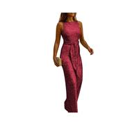 KWTF Jumpsuit Women Summer Fashion Glitter Round Neck Sleeveless Sexy Backless Sequins Skinny Long Party Jumpsuit with Belt