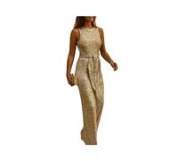 KWTF Jumpsuit Women Summer Fashion Glitter Round Neck Sleeveless Sexy Backless Sequins Skinny Long Party Jumpsuit with Belt