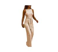 KWTF Jumpsuit Women Summer Fashion Glitter Round Neck Sleeveless Sexy Backless Sequins Skinny Long Party Jumpsuit with Belt