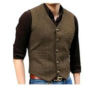 KWTF Men's Suit Formal V Neck Wool Herringbone Tweed Casual Waistcoat Formal Business Vest Groomman For Wedding Green/Black/Brown